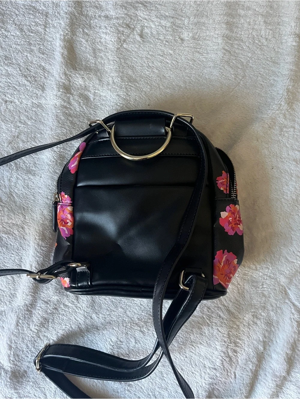 GUESS Black Mini Backpack with Pink and Orange Floral Print
